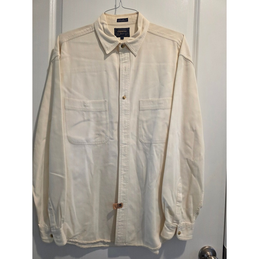 Men sz L Vintage 90s Aeropostale Heavy 100% Cotton Twill Button Down Shirt Cream